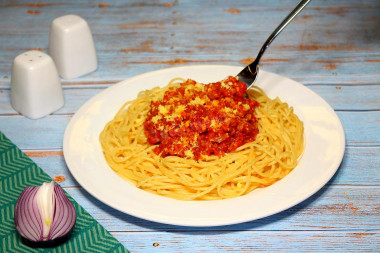 Spaghetti with toasted carrots, minced onion and cheese