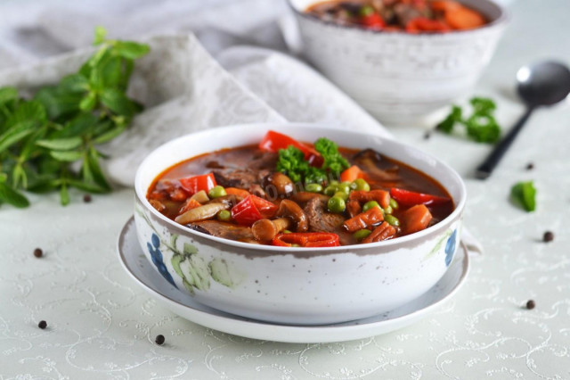Robber beef soup with vegetables and mushrooms