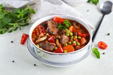 Robber beef soup with vegetables and mushrooms