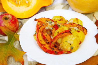 Pumpkin with honey and potatoes baked in the oven