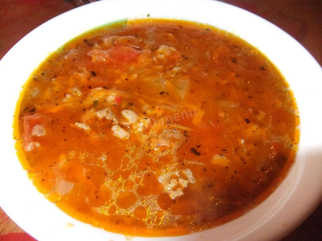 Kharcho soup with tomato paste and rice and stewed meat