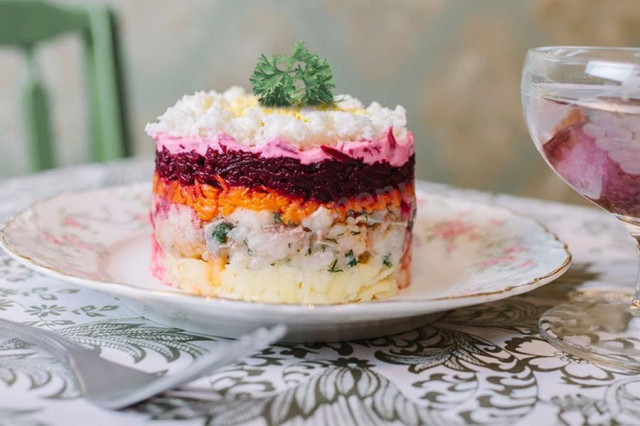 Herring under a fur coat with egg layers