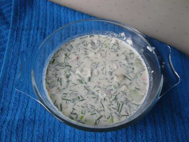 Okroshka on water with beef and mayonnaise