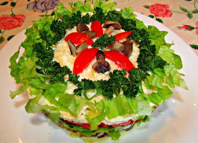 Lean layered salad with mushrooms, onions and tomatoes