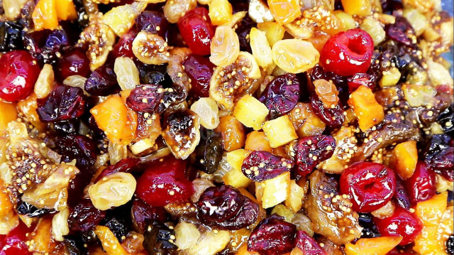 Dried fruits and candied fruits in baking syrup