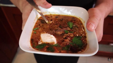 Beef brisket kharcho soup with walnuts and tkemali