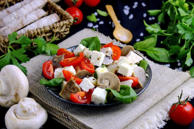 Salad with chicken mushrooms tomatoes and cheese
