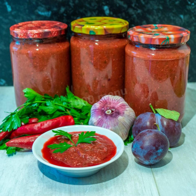 Georgian Tkemali sauce made from plums with garlic and spices for winter