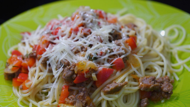 Vegetable pasta with minced meat and parmesan
