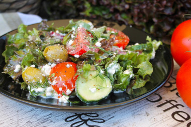 Salad with cottage cheese, tomatoes and herbs