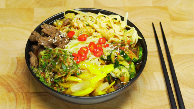 Cooksi with beef and egg noodles