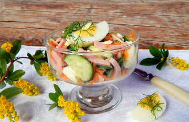 Korean carrot salad, sausage and pickled cucumbers