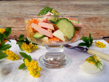 Korean carrot salad, sausage and pickled cucumbers