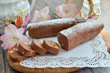 Classic chocolate sausage made of cookies and cocoa