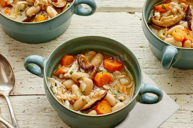 Chicken soup with farro and shiitake