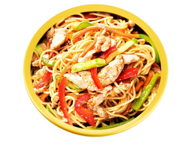 Chicken in sweet and sour sauce with noodles