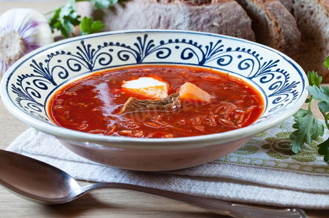 Classic borscht with bacon, beef and potatoes