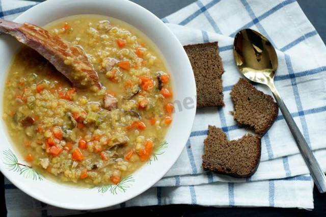 Mushroom soup with smoked ribs and red lentils