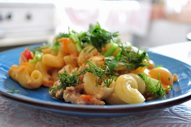 Pasta with minced meat and vegetables in garlic sauce