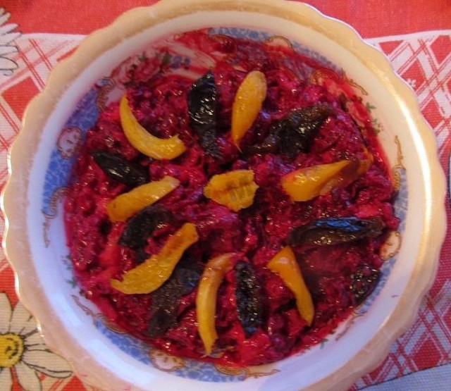 Beetroot salad with dried apricots and prunes
