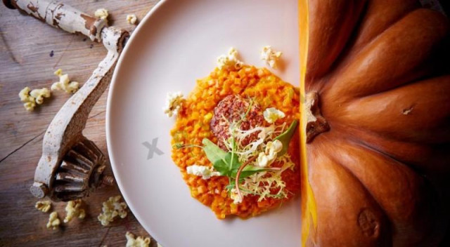 Pumpkin risotto with seafood cutlets