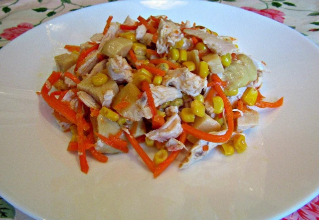 Salad with chicken and Korean carrots and pickled mushrooms