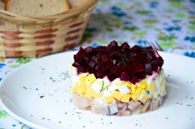 Salad with beetroot cheese and herring for the New Year