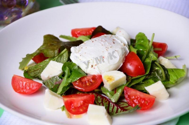 Salad with poached cherry egg and mozzarella