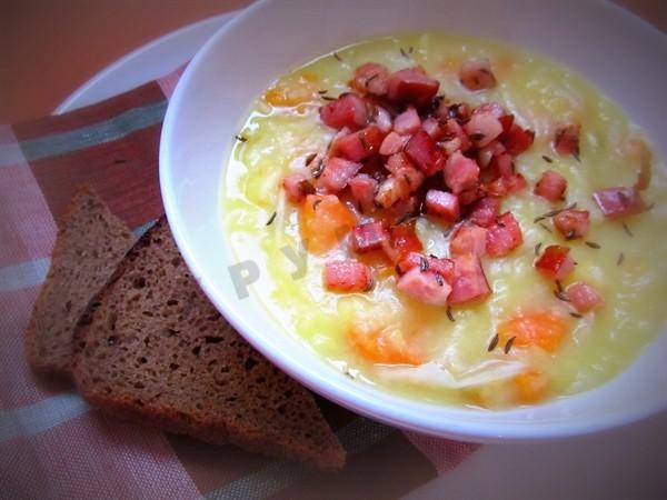 Thick potato soup with sauerkraut and bacon