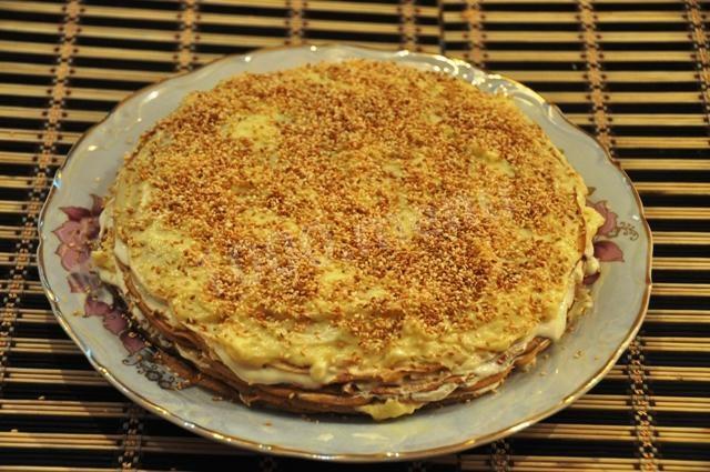 Pancake cake on kefir with custard
