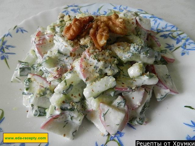 Okroshka salad with walnuts