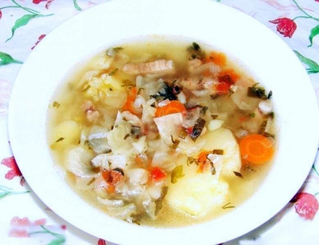 Fresh cabbage soup with meat, nettles and tomatoes