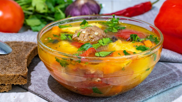 Shurpa soup with lamb and vegetables with spices