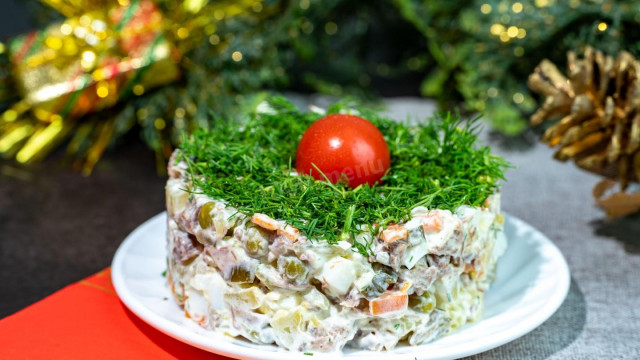 Olivier salad with vegetables and beef sauce