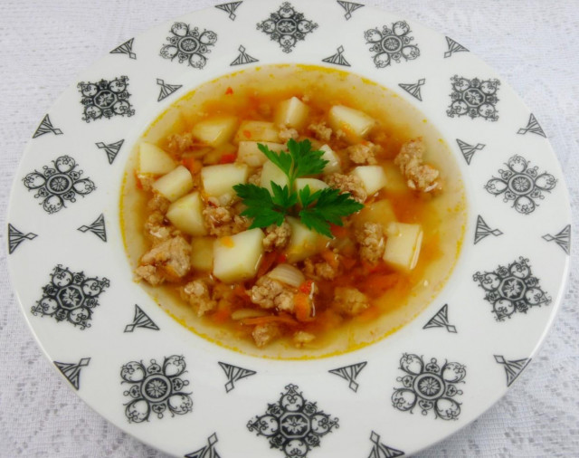 Simple soup with minced meat, potatoes and tomatoes