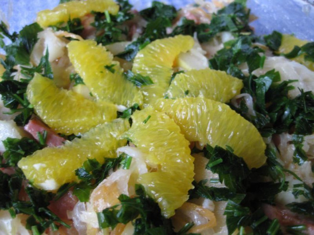 Salad with sauerkraut, oranges and ham Evening