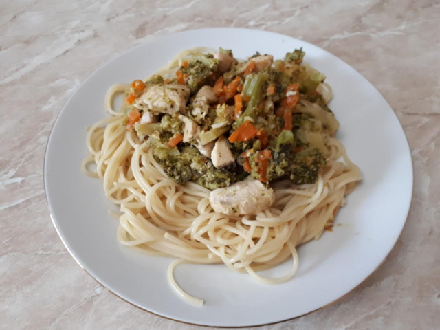 Turkey fillet with broccoli and spaghetti