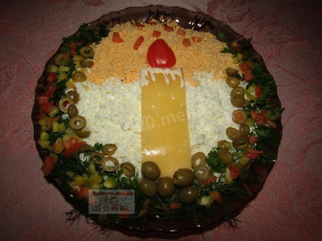 Candle salad with ham mushrooms and cheese New Year's Eve