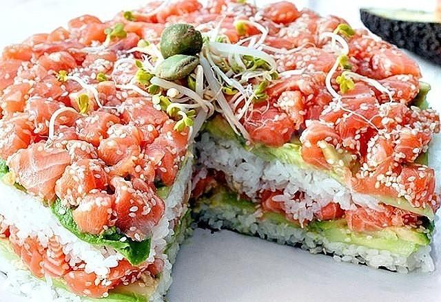 Sushi salad with cucumbers fish rice