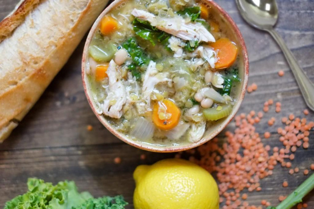 Soup with lentils, celery and chicken in chicken broth