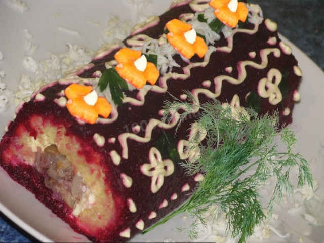 Herring roll under a fur coat with soft cheese