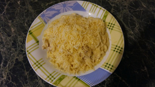 Spaghetti with chicken in sour cream sauce