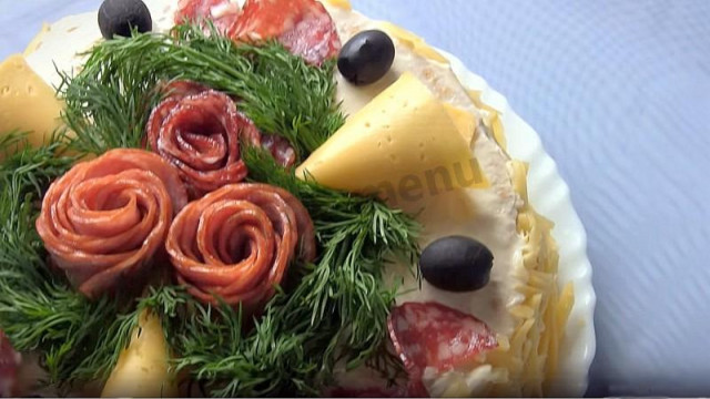 Napoleon snack cake with ham, cheese and mushrooms