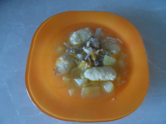 Chicken soup with potatoes dumplings and chicken