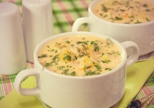Chicken soup with melted cheese