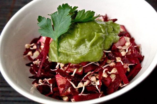 Salad of sprouted buckwheat apples and beets
