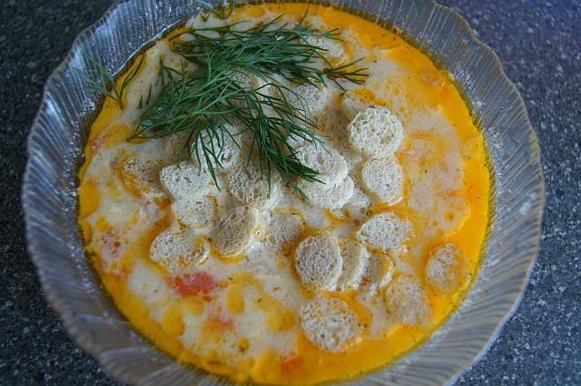 Cheese soup with crackers and melted cheese