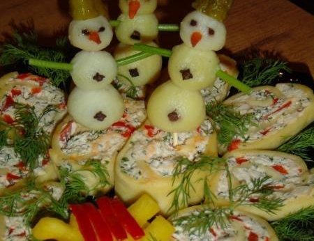 New Year's cheese roll appetizer Snowman