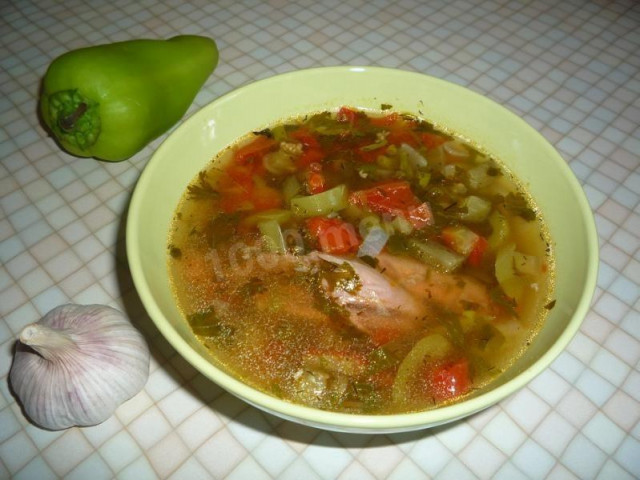 Lamb shulyum soup with eggplant, tomatoes and peppers