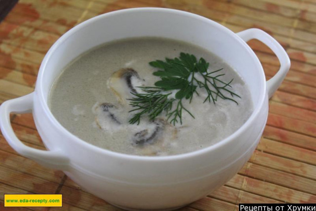 Mashed chicken soup with cream, breasts and mushrooms